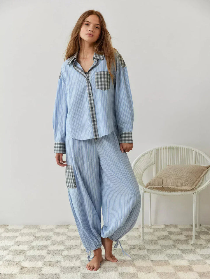 Women's comfortable plaid button-up sleep & loungewear set. A cozy two-piece outfit for ultimate relaxation.