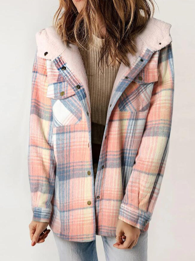 Women's cozy plaid hooded jacket, perfect for retro fall and winter casual outerwear.