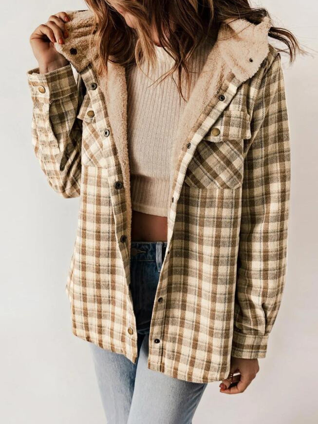 Retro women's plaid hooded jacket, versatile and warm for autumn and winter layering.