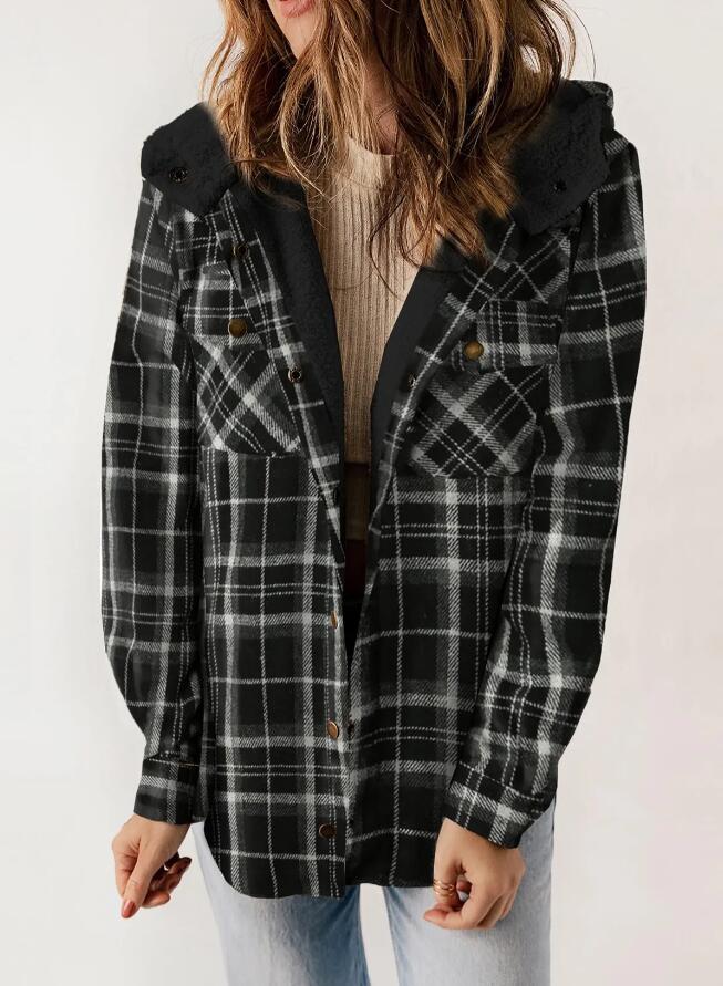 Stylish women's hooded plaid jacket, ideal cozy outerwear for casual fall outfits.