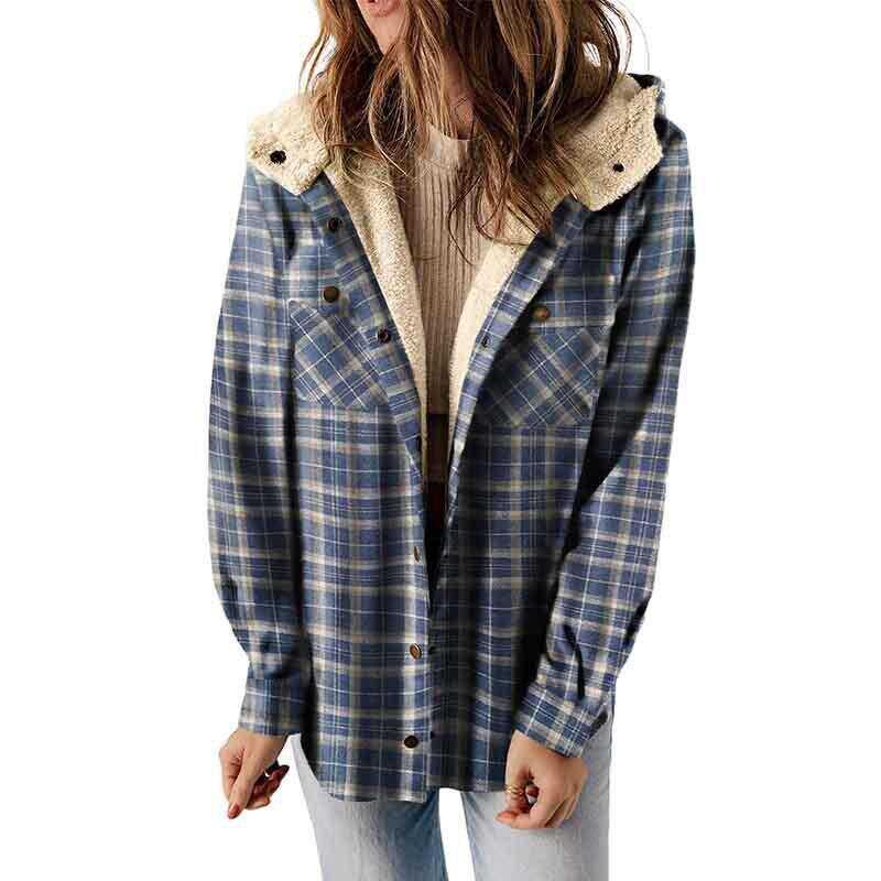Casual women's retro plaid jacket with hood, a comfortable and versatile fall/winter staple.