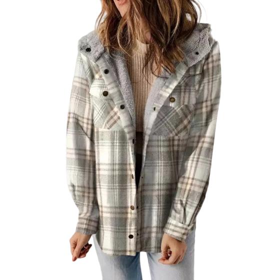 Soft plaid hooded jacket for women, offering cozy warmth and retro style for cool weather.
