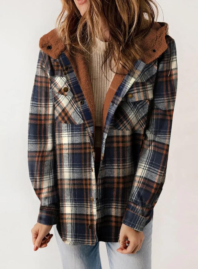 Layered look featuring a women's cozy plaid hooded jacket, perfect for fall and winter.