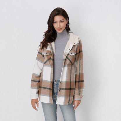 Women's retro-style plaid jacket with a hood, versatile casual outerwear for chilly days.