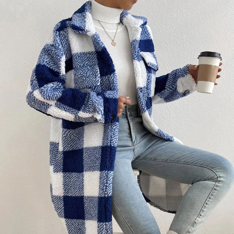 Stylish women's black plaid jacket, a comfortable, casual autumn essential for layering.