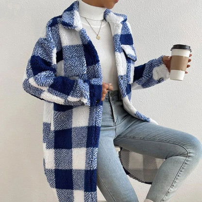 Stylish women's black plaid jacket, a comfortable, casual autumn essential for layering.