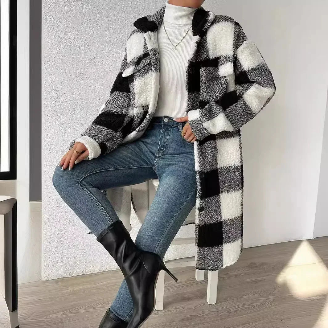 Comfortable brown plaid women's jacket with an oversized fit, ideal for casual fall fashion.