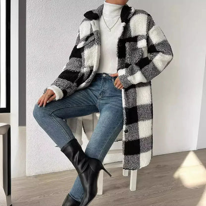 Comfortable brown plaid women's jacket with an oversized fit, ideal for casual fall fashion.