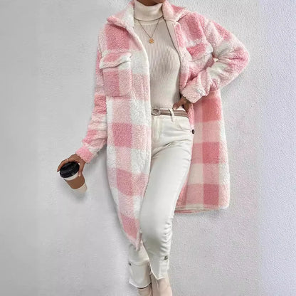 Warm women's plaid jacket. Cozy fall outerwear available in brown, blue, black, khaki, and pink plaid.