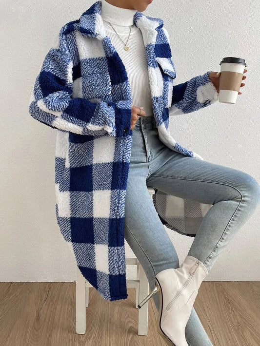 Women's cozy plaid longline winter jacket with button-up closure & stand collar. Ideal warm outerwear.