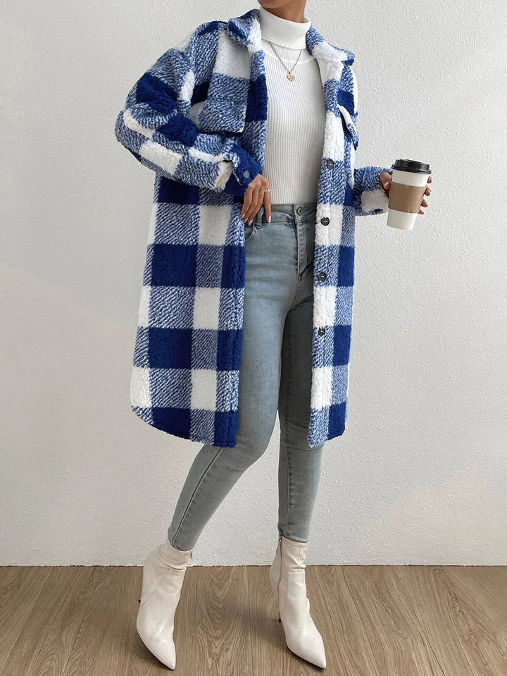 Stylish women's warm plaid longline jacket. Cozy button-up outerwear for winter warmth & comfort.