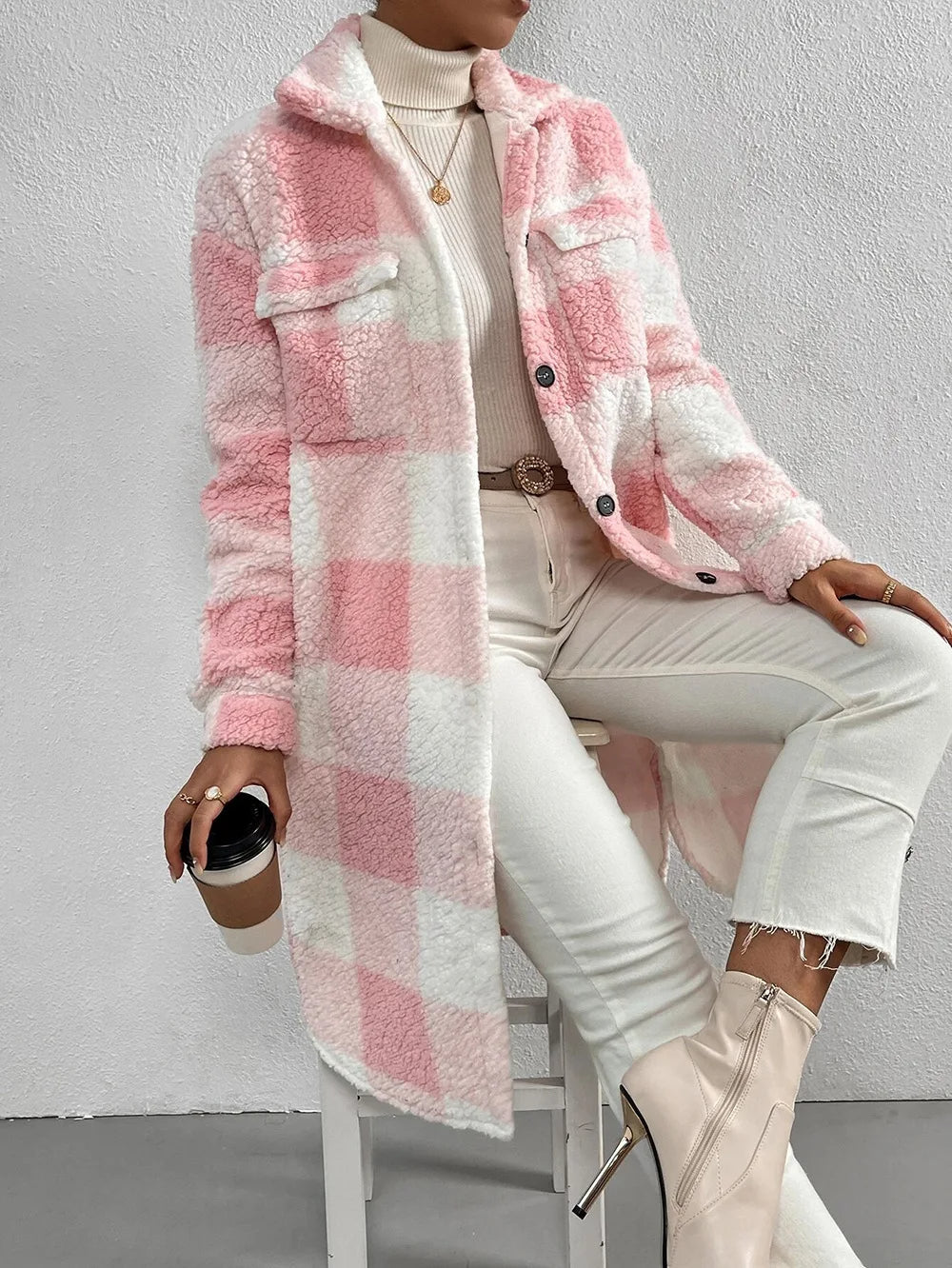 Elegant longline winter coat for women. Plaid print, cozy stand collar, and warm fabric.