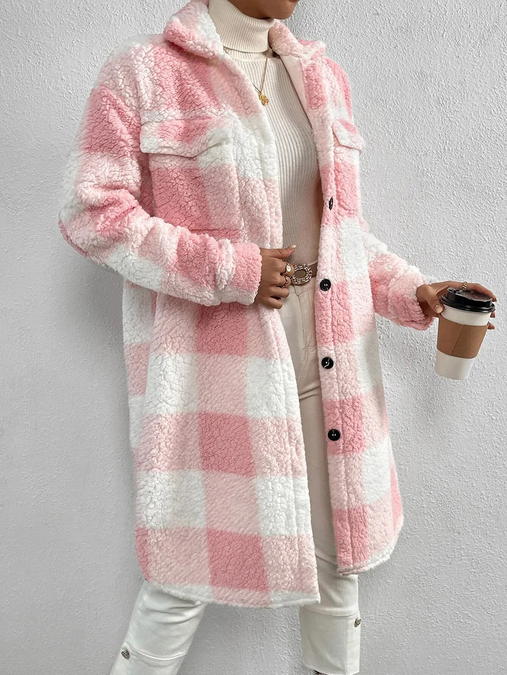 Trendy women's long plaid coat. Warm button-up outerwear with a cozy feel for winter.