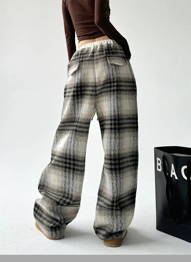 Soft, comfortable women's plaid wide-leg pants. Great loungewear & cozy winter fashion.