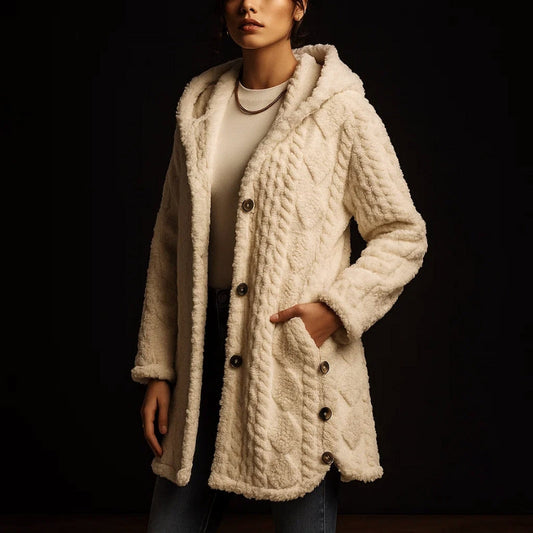 Women's cozy plush hooded coat with buttons in warm beige for winter outerwear.