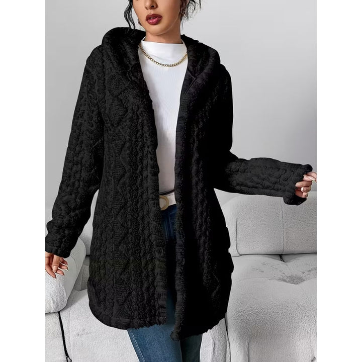 Brown cozy plush hooded coat for women, essential button-front outerwear for winter.