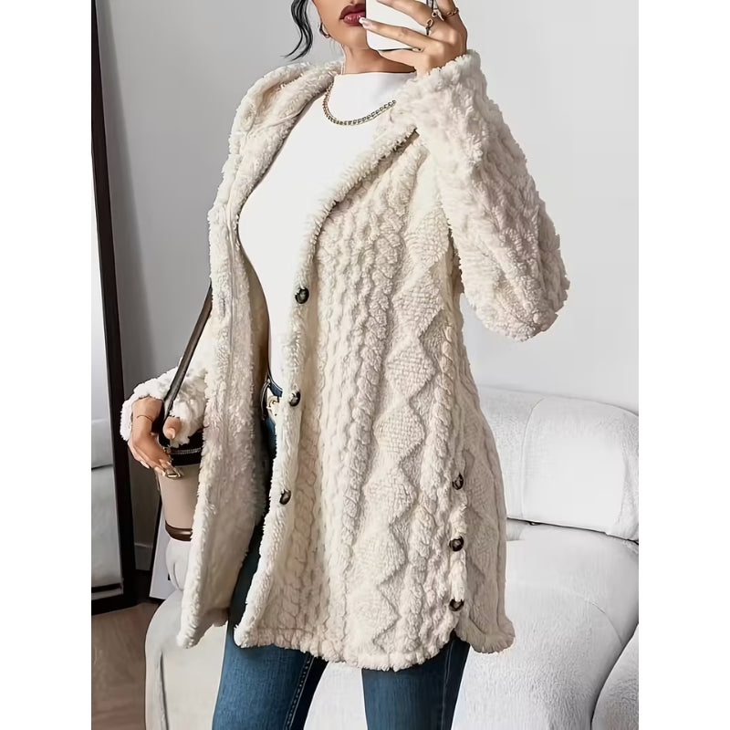 Casual women's black plush coat, hooded & buttoned, great for chilly fall and winter days.