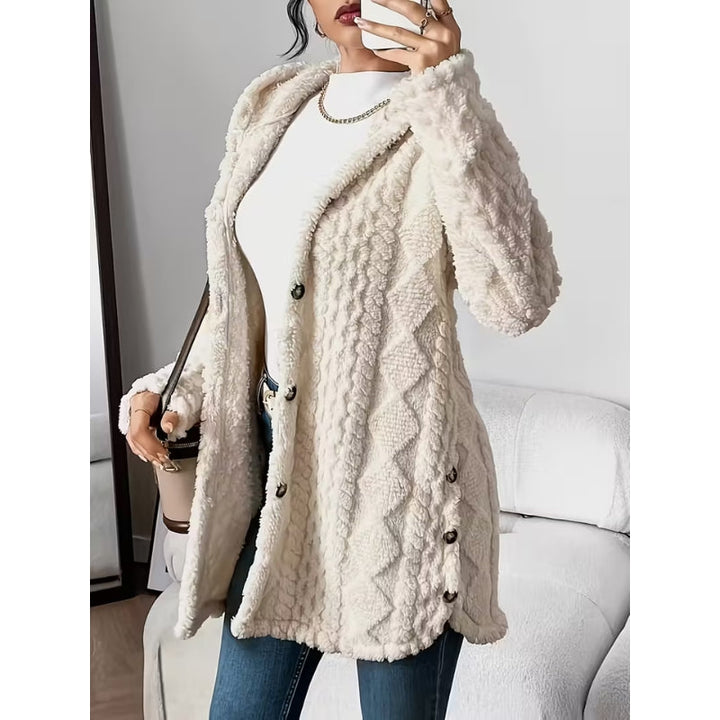 Casual women's black plush coat, hooded & buttoned, great for chilly fall and winter days.
