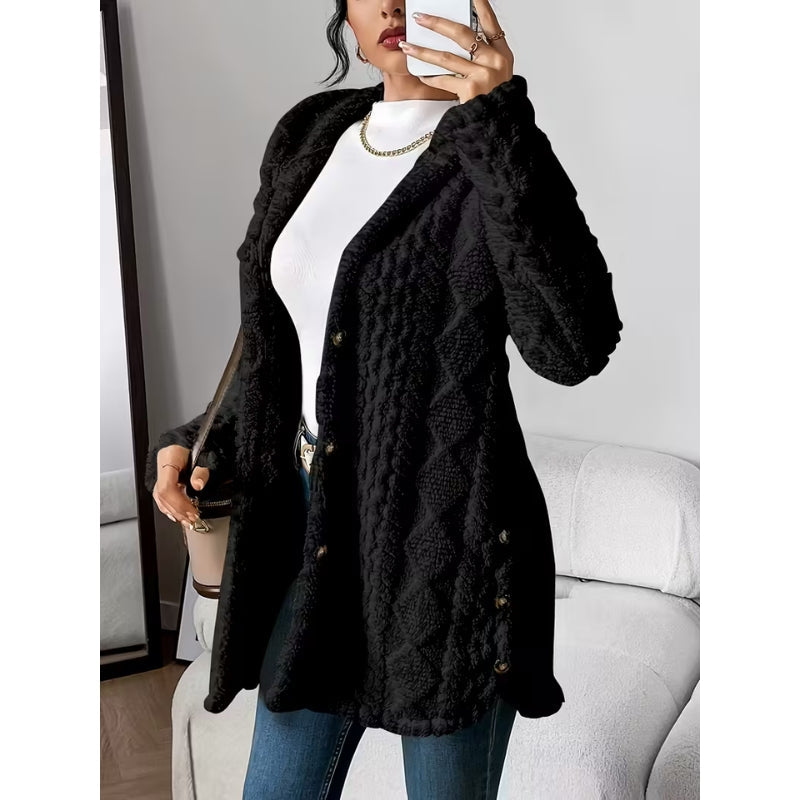 Warm & cozy women's beige plush coat with hood, featuring stylish button detailing.