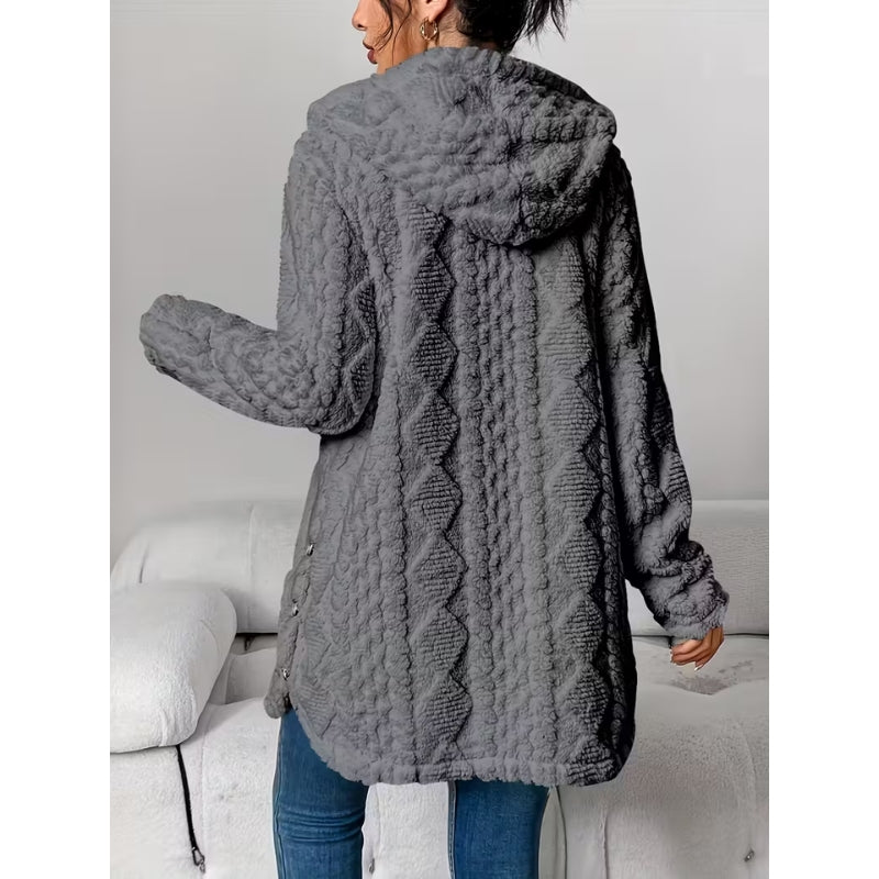 Women's fashionable pink plush hooded coat, button-up, perfect for a cozy winter look.