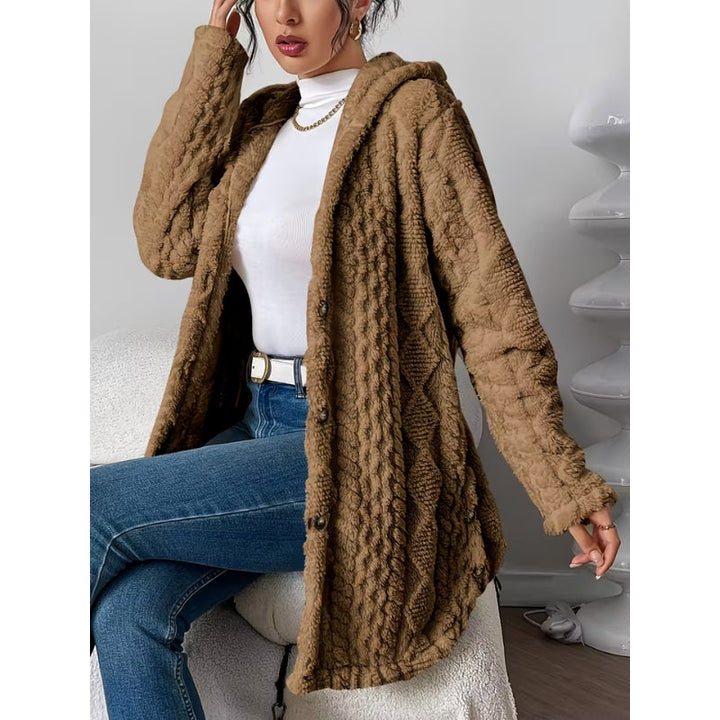 Everyday women's gray plush coat, hooded and button-front, ideal for casual fall fashion.