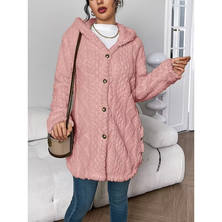 Women's versatile black plush winter coat, hooded, buttoned, a cozy outerwear staple.