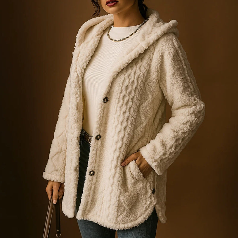Stylish women's black plush winter coat with hood, perfect for casual everyday wear.