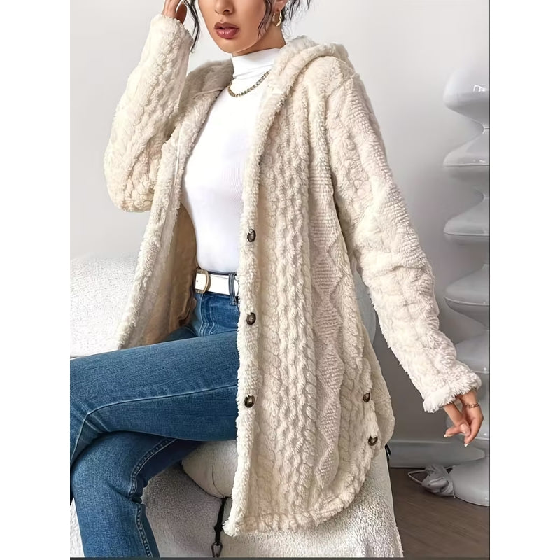 Soft pink hooded plush coat for women, featuring button closure, ideal for fall fashion.