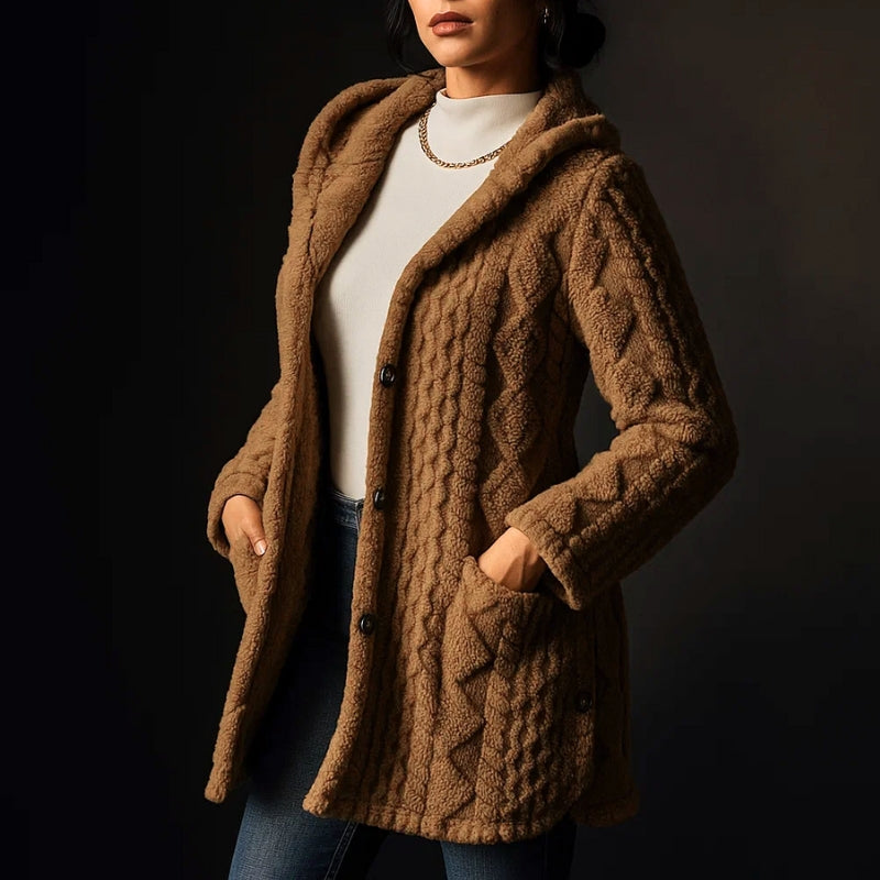 Warm gray plush women's coat with hood & buttons, a cozy essential for cold weather.