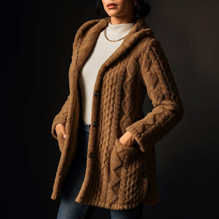 Warm gray plush women's coat with hood & buttons, a cozy essential for cold weather.