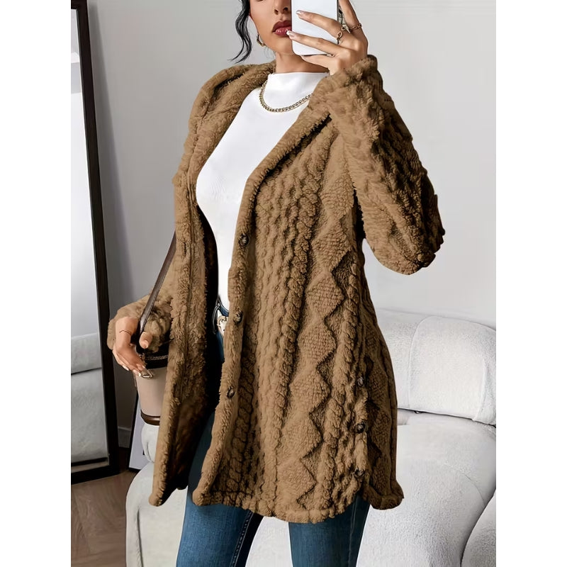 Brown hooded plush coat for women, casual winter outerwear with practical buttons.