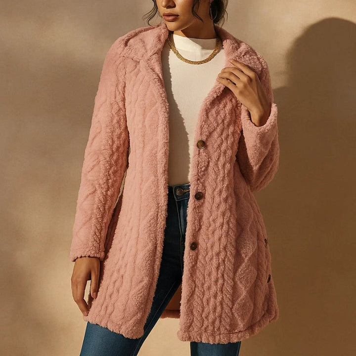 Everyday women's cozy plush coat with hood and front buttons, perfect for fall/winter.