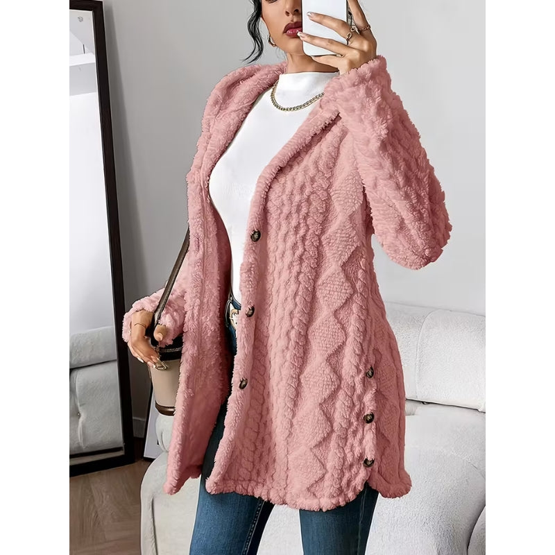 Luxurious women's plush hooded coat in black, button-front, suitable for cold weather.