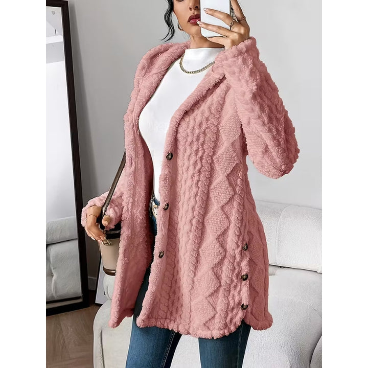 Luxurious women's plush hooded coat in black, button-front, suitable for cold weather.