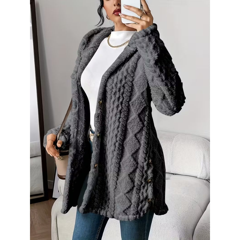 Pink women's hooded plush coat, soft and warm with button closure, casual fall fashion.