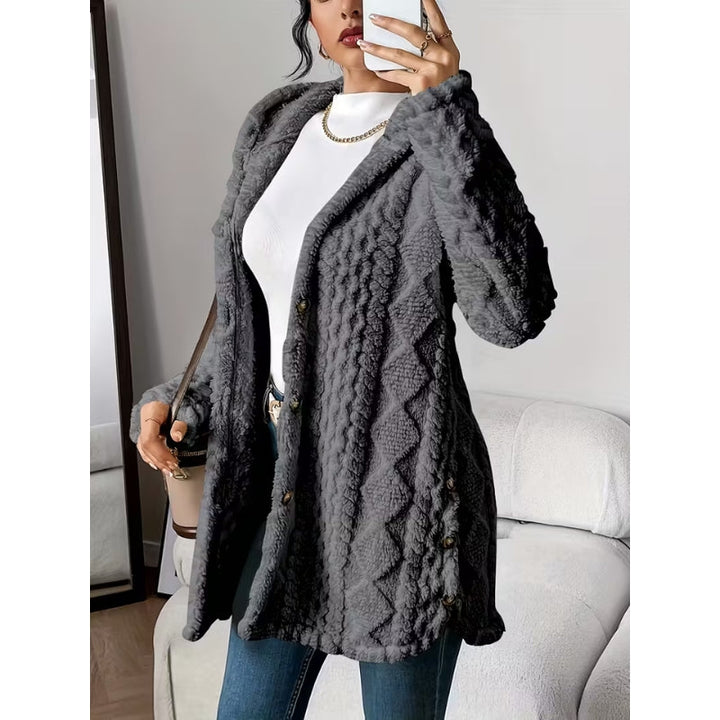 Pink women's hooded plush coat, soft and warm with button closure, casual fall fashion.