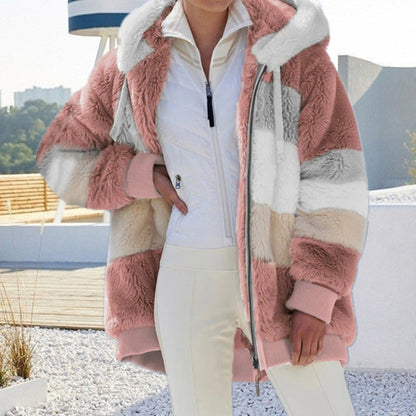 Warm women's hooded plush jacket. Ideal cozy outerwear for chilly winter days and stylish comfort.