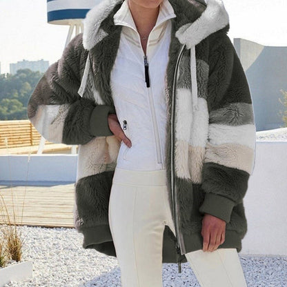 Stylish women's plush hooded jacket. A comfortable and warm casual outerwear for winter fashion.