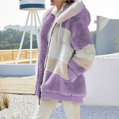 Winter fashion women's plush hooded jacket. Warm, cozy, and stylish outerwear for everyday comfort.