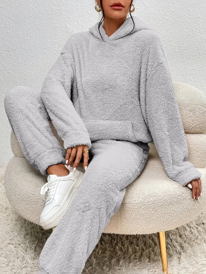 Soft touch plush women's loungewear set, relaxed fit, offering ultimate comfort for home relaxation.