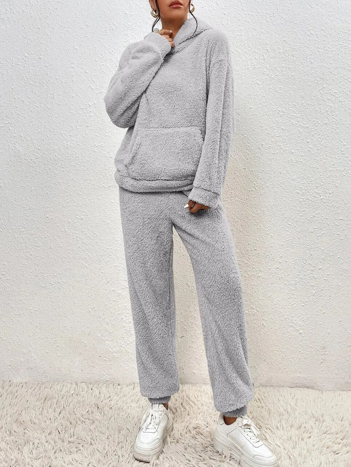 Comfortable women's hooded plush loungewear set, matching design for cozy home wear & casual style.