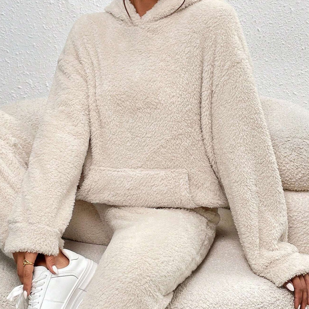 New women's hooded plush loungewear set, soft touch fabric, perfect for ultimate comfort & casual wear.