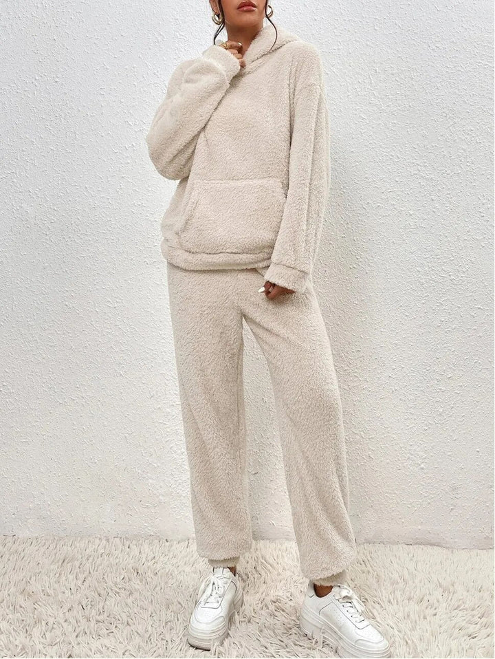 Matching women's cozy plush set, relaxed fit for home comfort. Essential winter fashion loungewear.