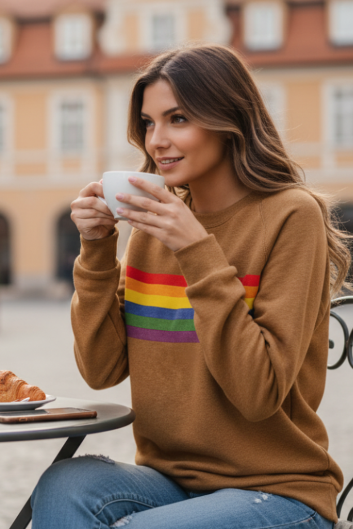 Retro rainbow striped pullover sweatshirt for women. Cozy, casual, and vibrant everyday style.