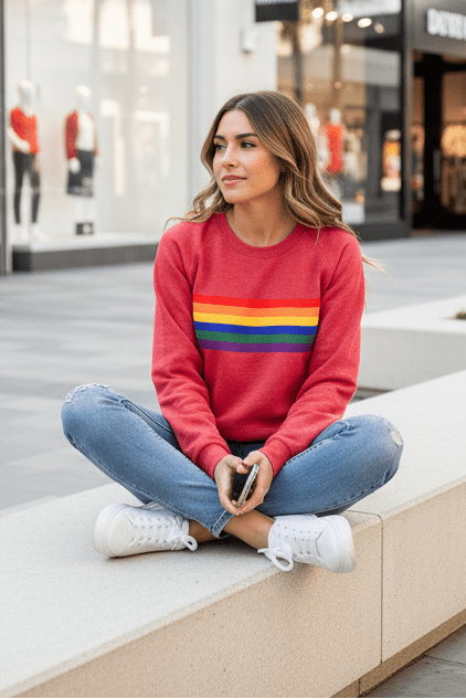 Comfortable women's pullover sweatshirt with soft rainbow stripes. Ideal for cozy casual outfits.