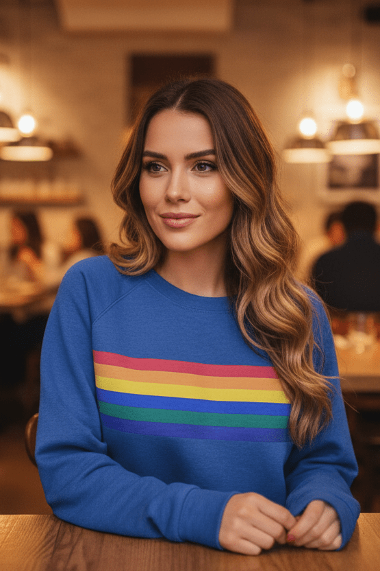 Casual women's striped pullover sweatshirt featuring a vibrant rainbow pattern. Cozy and stylish.