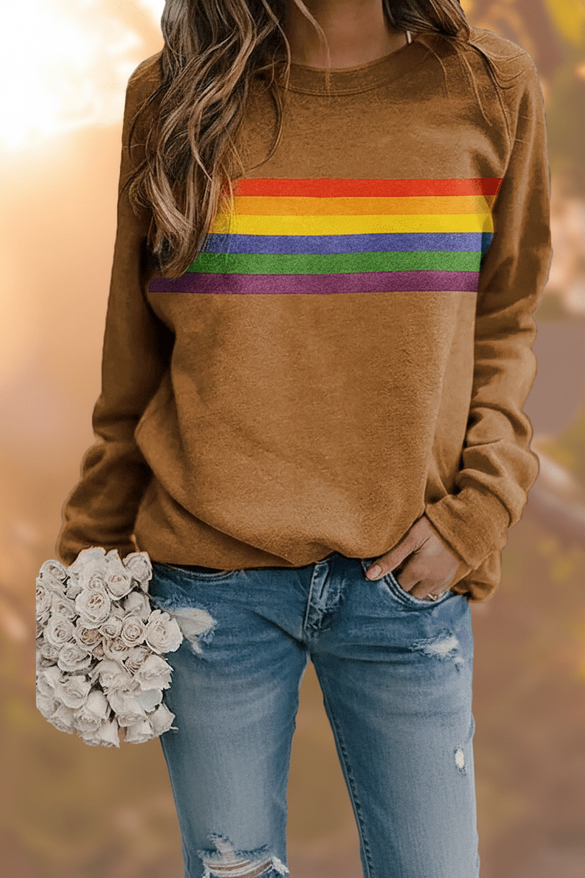 Stylish women's retro rainbow striped pullover sweatshirt. Cozy, colorful, and comfortable fashion.