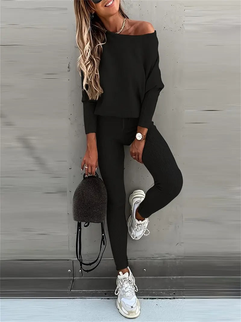 Woman wearing a soft, cozy ribbed knit loungewear set.