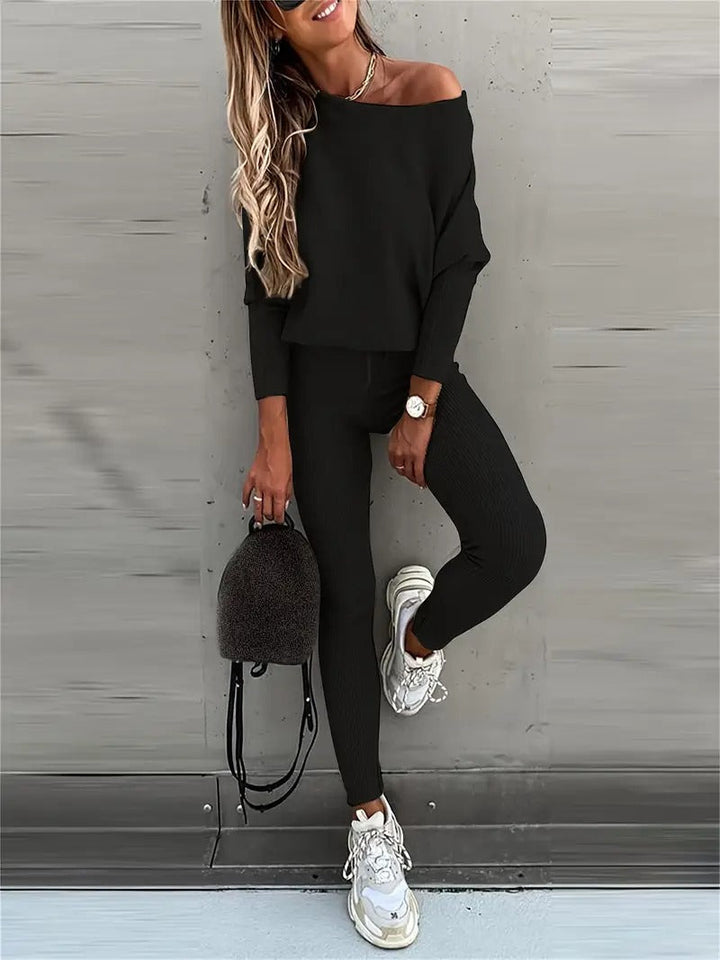 Woman wearing a soft, cozy ribbed knit loungewear set.