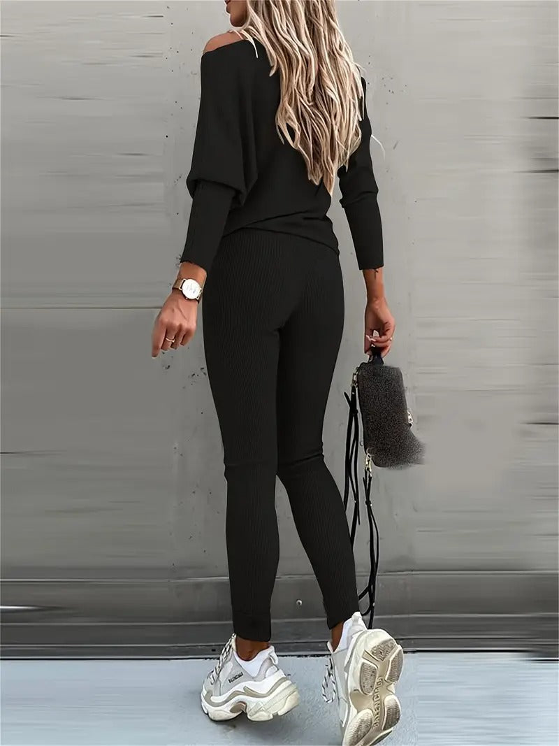 Fashionable women's ribbed two-piece knit apparel for relaxed style.